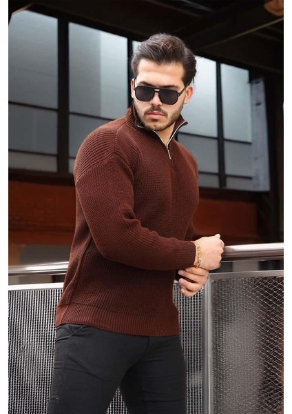 Nolan Oversize Selanik Örgü Yarım Fermuar Erkek Triko Kazak - Kahve indirimleri