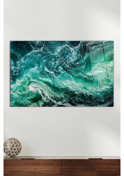 Yeşil Deniz Su Dalgası Yatay Cam Tablo, Modern Ev Ofis Dekoru, Hediyelik Duvar Dekorasyonu, Kırılmaz