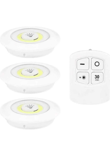 3'lü Beyaz Spot LED Işık, Uzaktan Kumandalı, Montajsız, Yapışkanlı, Raf ve Mutfak Için