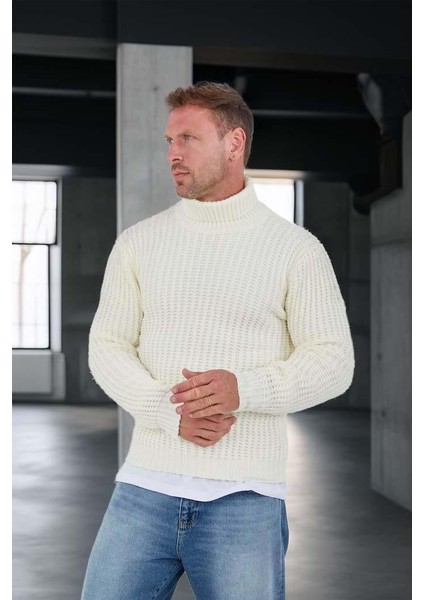 Nopenli Fitil Örgü Balıkçı Kazak -Beyaz indirimleri