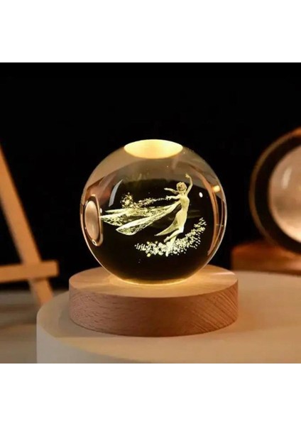 Turuncu Kristal Top Gece Lambası, Kare Ahşap Tabanlı, Şık ve Sıcak Işıklandırma