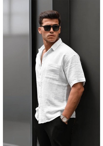 Müslin Kumaş Tek Cepli Gömlek- Beyaz