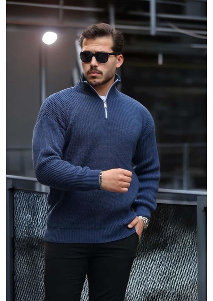 Oversize Selanik Örgü Yarım Fermuar Erkek Triko Kazak - Indigo fiyatları
