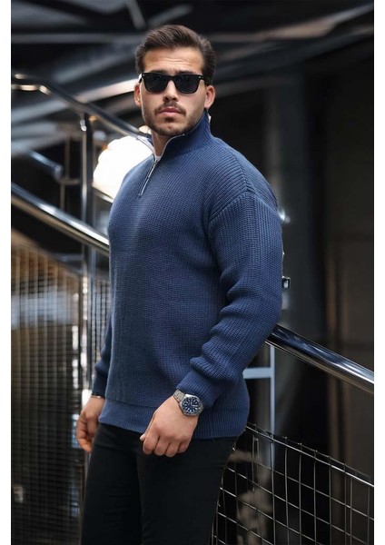 Oversize Selanik Örgü Yarım Fermuar Erkek Triko Kazak - Indigo modelleri