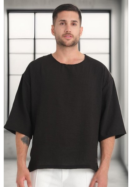 Bisiklet Yaka Fakir Kol Oversize Kısa Kol T-Shirt - Siyah