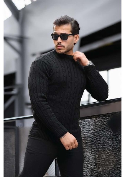 Saç Örgülü Bisiklet Yaka Erkek Triko Kazak - Siyah fiyatları