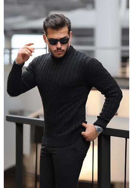 Saç Örgülü Bisiklet Yaka Erkek Triko Kazak - Siyah modelleri