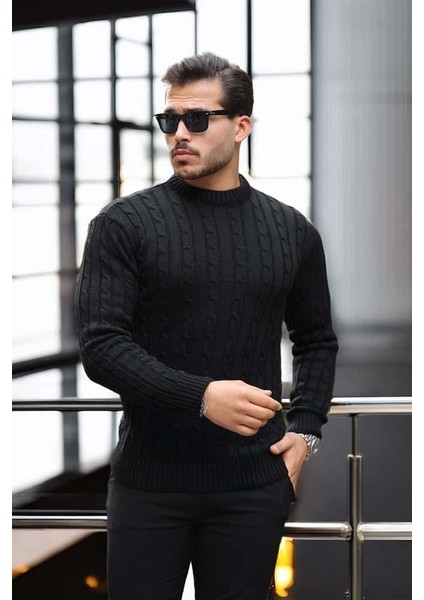 Saç Örgülü Bisiklet Yaka Erkek Triko Kazak - Siyah indirimleri