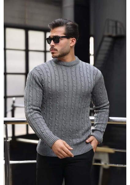 Saç Örgülü Bisiklet Yaka Erkek Triko Kazak - Füme fiyatları