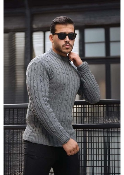 Saç Örgülü Bisiklet Yaka Erkek Triko Kazak - Füme modelleri