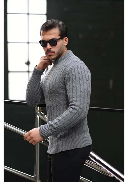 Saç Örgülü Bisiklet Yaka Erkek Triko Kazak - Füme indirimleri