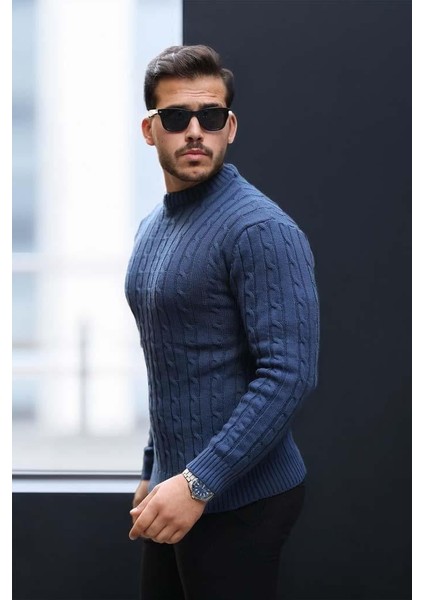 Saç Örgülü Bisiklet Yaka Erkek Triko Kazak - İndigo fiyatları