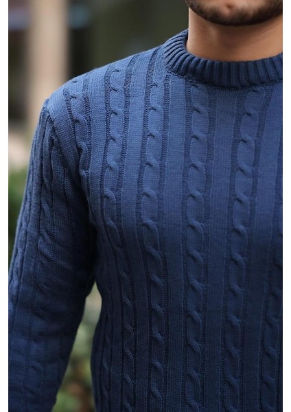 Saç Örgülü Bisiklet Yaka Erkek Triko Kazak - İndigo modelleri