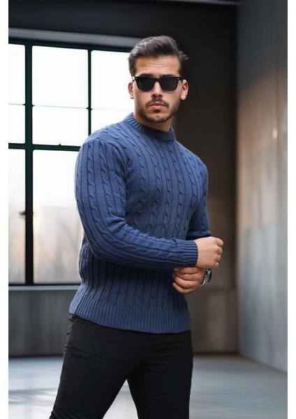 Saç Örgülü Bisiklet Yaka Erkek Triko Kazak - İndigo fırsatları