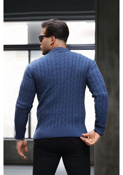 Saç Örgülü Bisiklet Yaka Erkek Triko Kazak - İndigo indirimleri