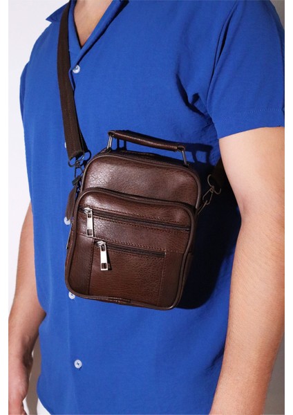 Ayarlanabilir Erkek Deri Çanta, El ve Omuz Kullanımı, Kahverengi