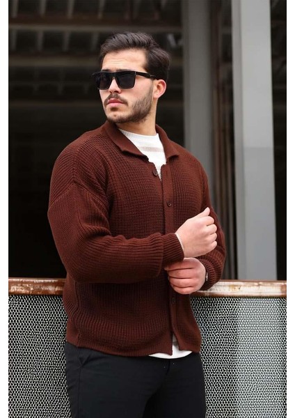 Oversize Selanik Örgü Düğmeli Erkek Hırka- Koyukahve fiyatları