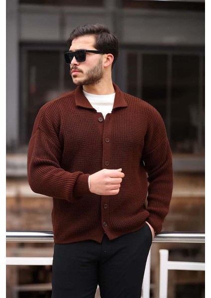 Oversize Selanik Örgü Düğmeli Erkek Hırka- Koyukahve fırsatları