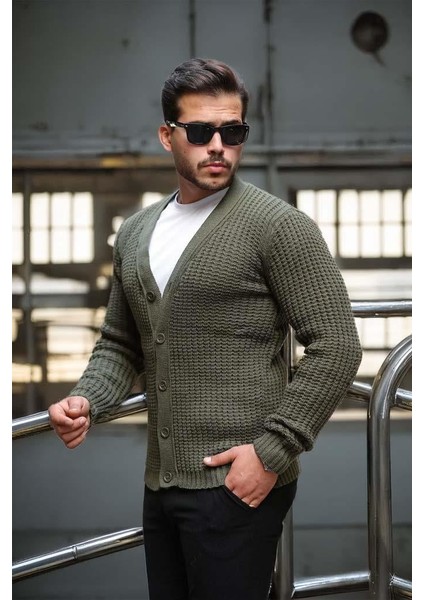 Nopenli Fitil Örgü Düğmeli Hırka - Haki fiyatları