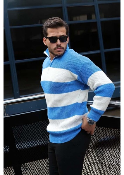 Pedro Oversize Çizgili Selanik Örgülü Yarım Fermuar Triko Erkek Kazak - Mavi fiyatları