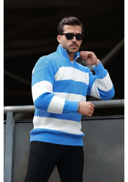 Pedro Oversize Çizgili Selanik Örgülü Yarım Fermuar Triko Erkek Kazak - Mavi modelleri