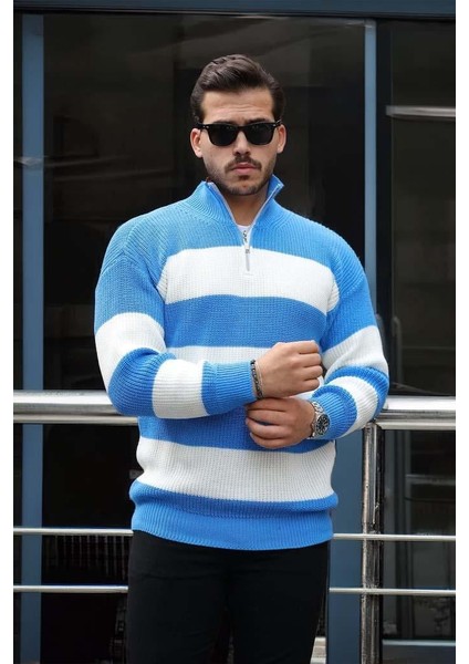 Pedro Oversize Çizgili Selanik Örgülü Yarım Fermuar Triko Erkek Kazak - Mavi fırsatları
