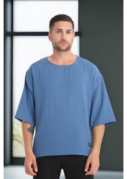 Bisiklet Yaka Fakir Kol Oversize Kısa Kol T-shirt - Mavi