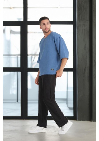 Bisiklet Yaka Fakir Kol Oversize Kısa Kol T-shirt - Mavi modelleri