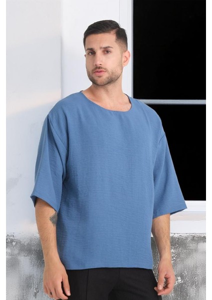 Bisiklet Yaka Fakir Kol Oversize Kısa Kol T-shirt - Mavi indirimleri