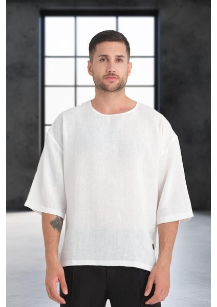 Bisiklet Yaka Fakir Kol Oversize Kısa Kol T-shirt - Beyaz