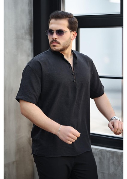 Oversize Yarım Pat Bambu Kısa Kol Gömlek - Siyah