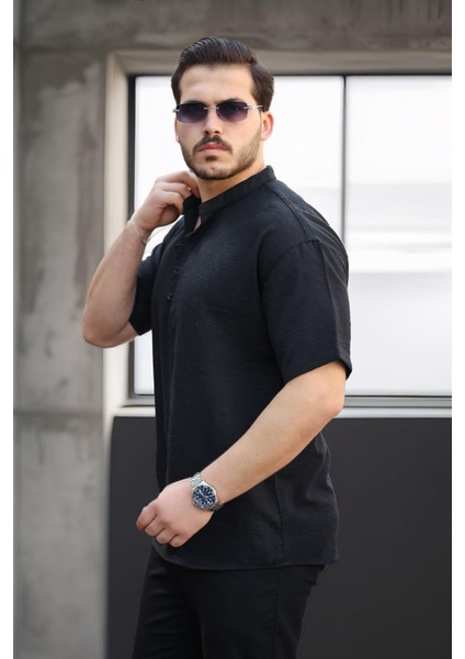 Oversize Yarım Pat Bambu Kısa Kol Gömlek - Siyah modelleri