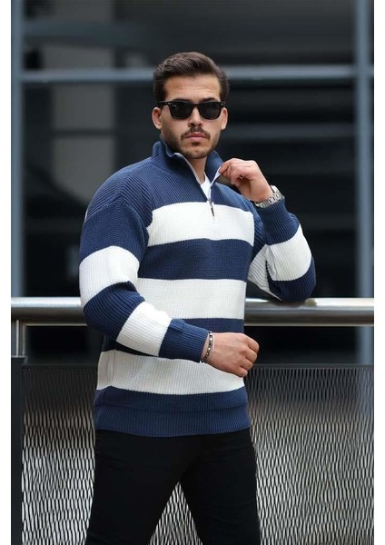Pedro Oversize Çizgili Selanik Örgülü Yarım Fermuar Triko Erkek Kazak - İndigo fiyatları