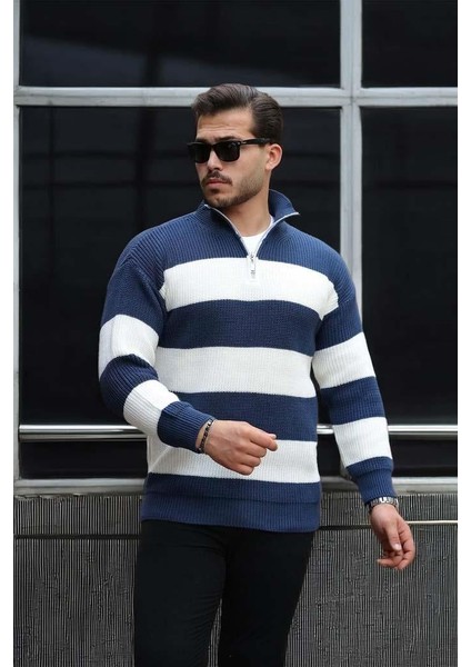 Pedro Oversize Çizgili Selanik Örgülü Yarım Fermuar Triko Erkek Kazak - İndigo modelleri