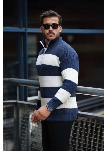 Pedro Oversize Çizgili Selanik Örgülü Yarım Fermuar Triko Erkek Kazak - İndigo fırsatları