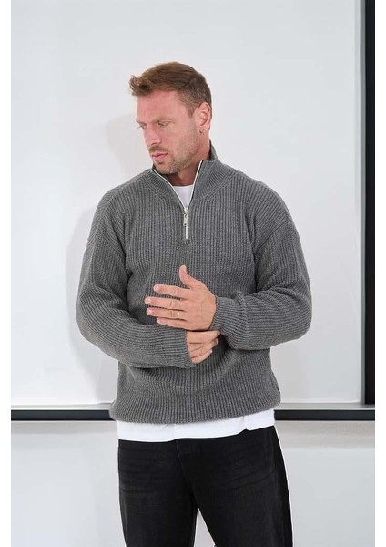 Nolan Oversize Selanik Örgü Yarım Fermuar Erkek Triko Kazak - Füme