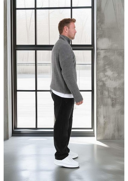 Nolan Oversize Selanik Örgü Yarım Fermuar Erkek Triko Kazak - Füme fırsatları