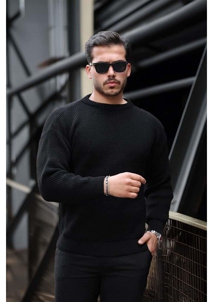 Oversize Selanik Örgülü Bisiklet Yaka Erkek Triko Kazak - Siyah modelleri