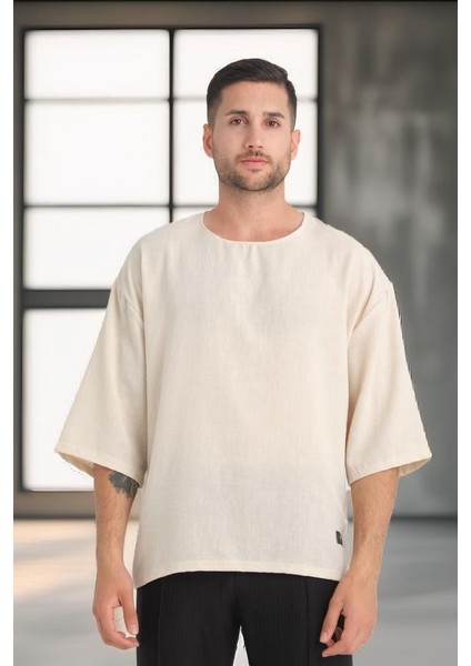 Bisiklet Yaka Fakir Kol Oversize Kısa Kol T-shirt - Bej