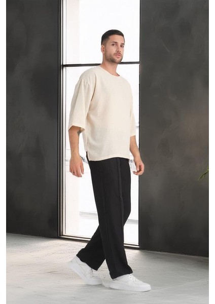 Bisiklet Yaka Fakir Kol Oversize Kısa Kol T-shirt - Bej modelleri