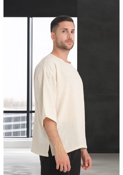 Bisiklet Yaka Fakir Kol Oversize Kısa Kol T-shirt - Bej fırsatları