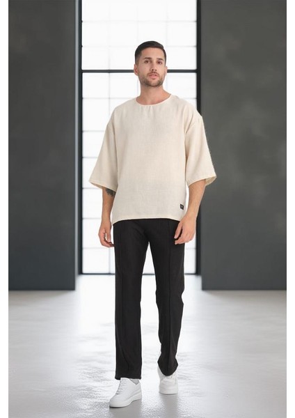 Bisiklet Yaka Fakir Kol Oversize Kısa Kol T-shirt - Bej indirimleri