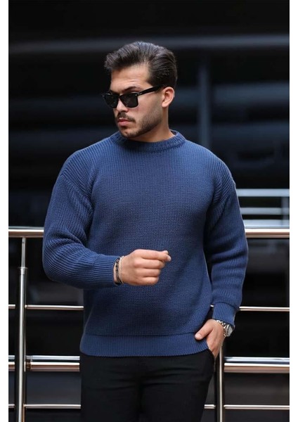 Oversize Selanik Örgülü Bisiklet Yaka Erkek Kazak - İndigo fiyatları
