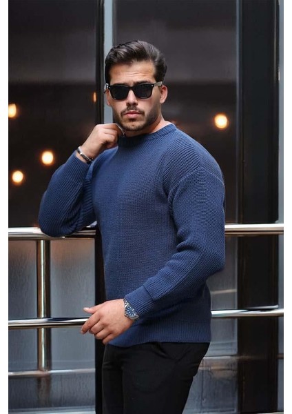 Oversize Selanik Örgülü Bisiklet Yaka Erkek Kazak - İndigo modelleri
