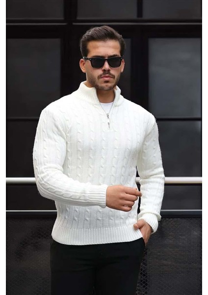 Bardem Saç Örgülü Yarım Fermuar Erkek Triko Kazak - Ekru fiyatları