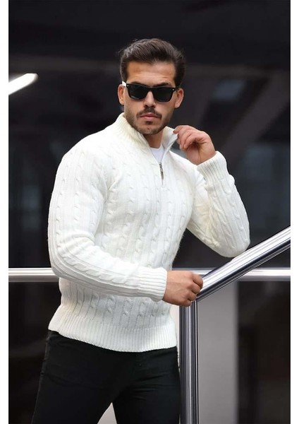 Bardem Saç Örgülü Yarım Fermuar Erkek Triko Kazak - Ekru fırsatları