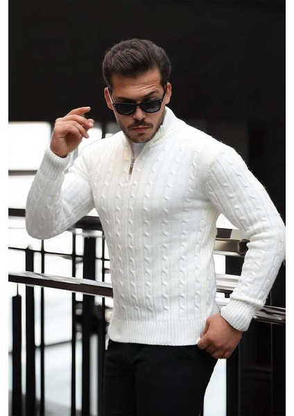 Bardem Saç Örgülü Yarım Fermuar Erkek Triko Kazak - Ekru indirimleri