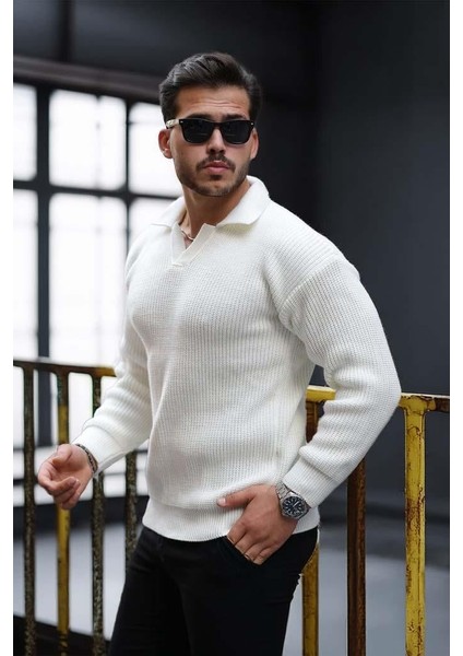 Oversize Gömlek Polo Yaka Selanik Örgülü Erkek Triko Kazak - Ekru fiyatları