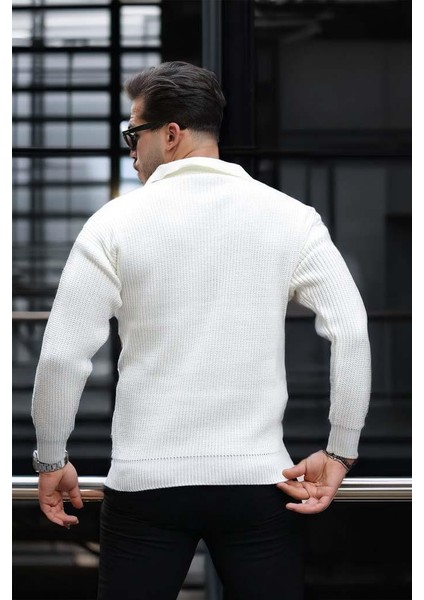 Oversize Gömlek Polo Yaka Selanik Örgülü Erkek Triko Kazak - Ekru modelleri