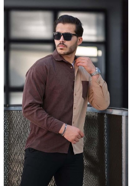 Kontrast Çift Renk Fitilli Kadife Gömlek Kahve